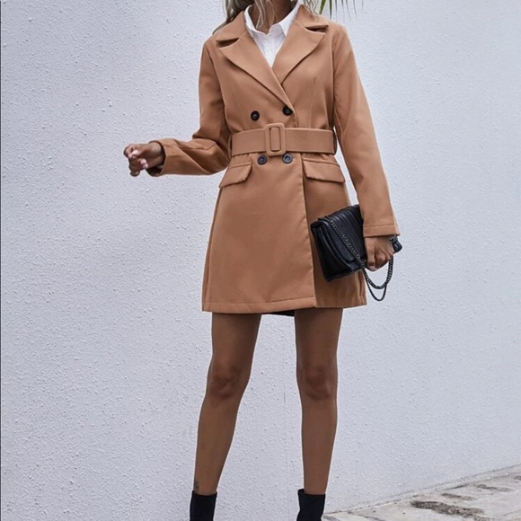 Long trench peacoat jacket camel brown tan belted - Picture 3 of 3